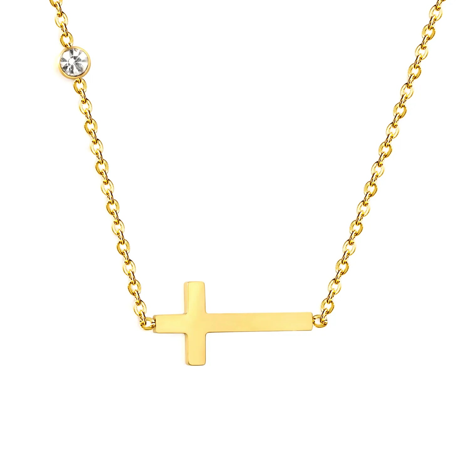 Cross Necklace with Round Diamond, Gold - Asonjewelry